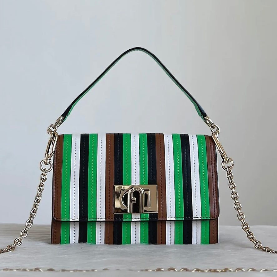 Furla Colourful Stripe Leather Turn Lock Shoulder Bag Excellent