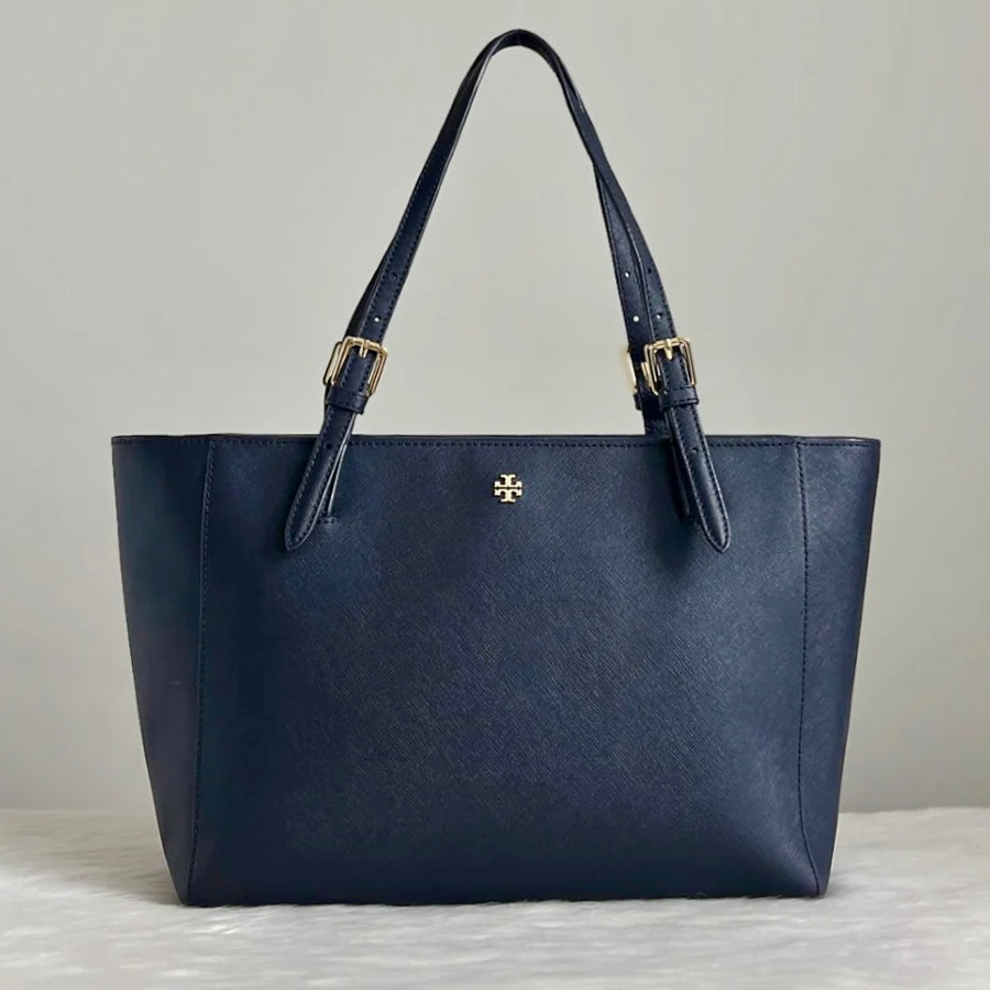 Tory Burch Navy Leather Front Logo Carryall Shoulder Bag Like New