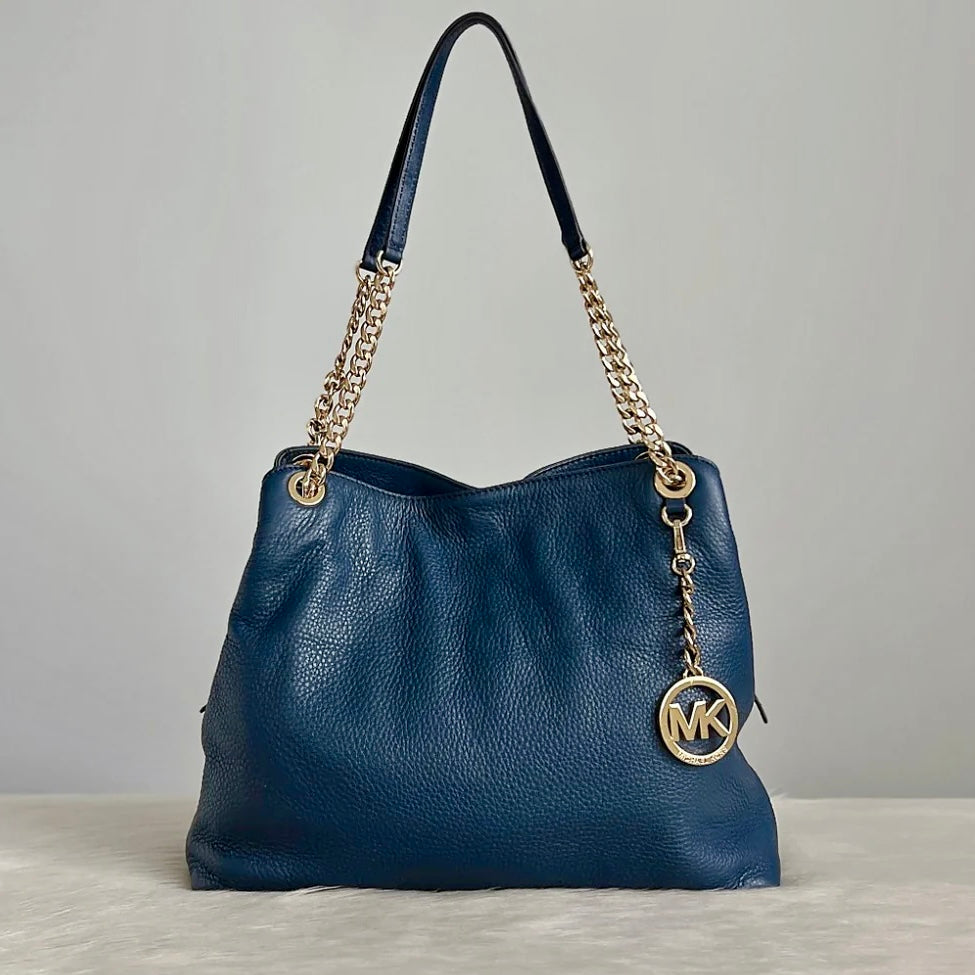Michael Kors Navy Leather MK Charm Triple Compartment Shoulder Bag Excellent