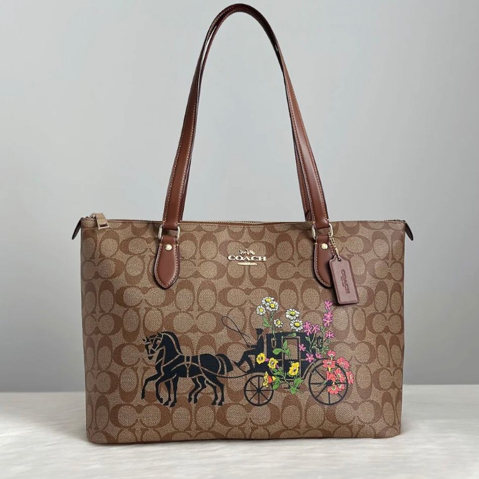 Coach Caramel Leather Monogram Signature Pattern Carryall Shoulder Bag Like New