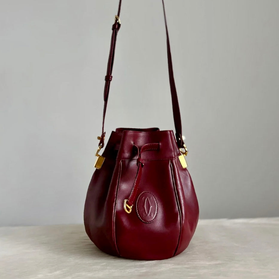Cartier Signature Bordeaux Leather Front Embossed Logo Crossbody Shoulder Bag