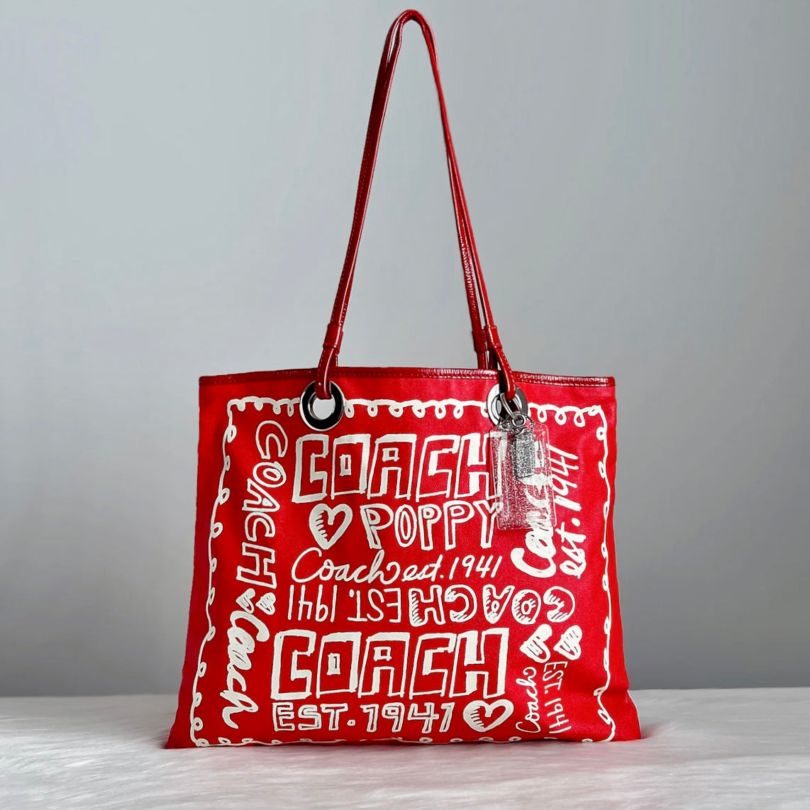 Coach Red Leather Trim Front Pattern Carryall Shoulder Bag Like New