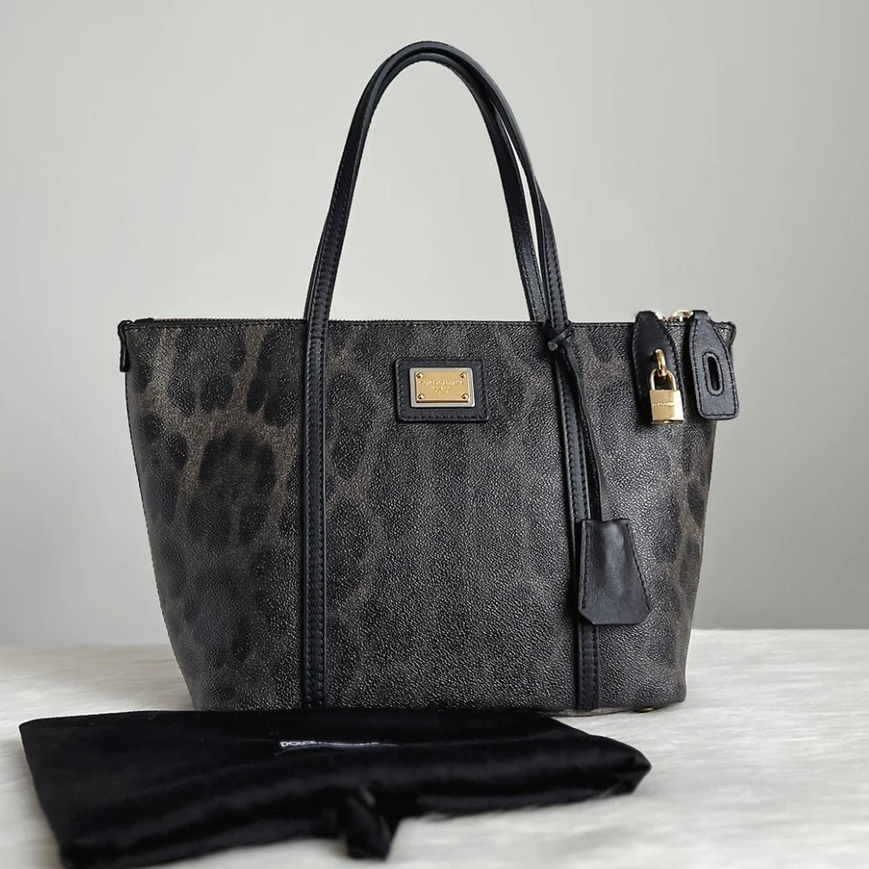 Dolce & Gabbana D&G Black Leather Leopard Pattern Tote Bag Like New