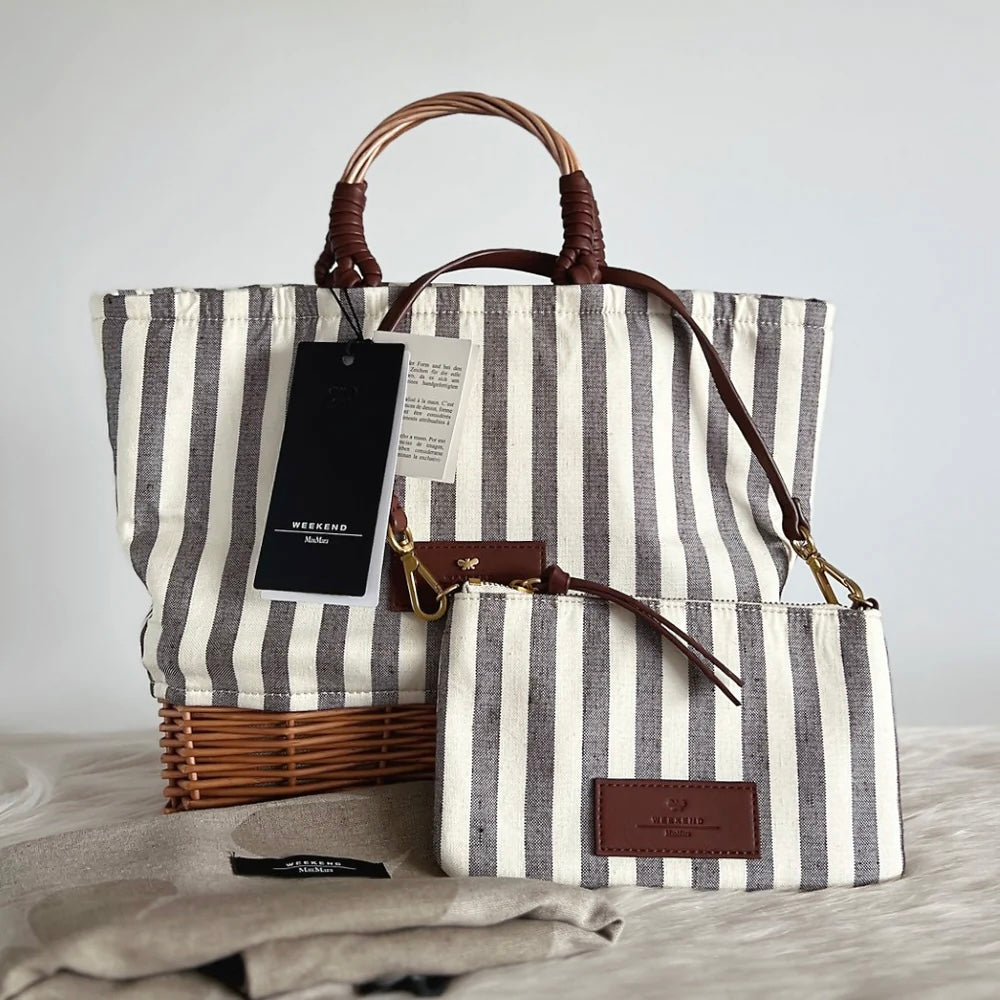 Max Mara Stripe Canvas Straw Holiday Tote Bag + Pouch New with Tags