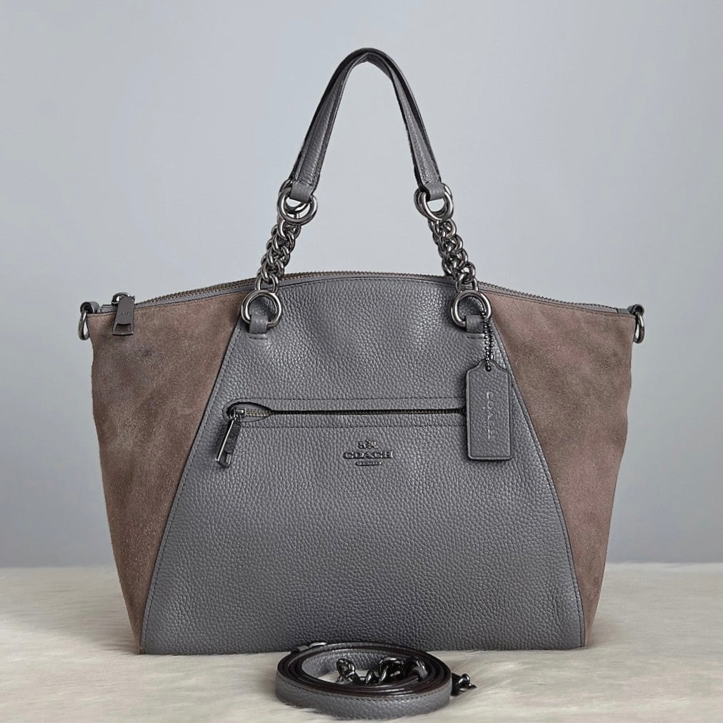 Coach Grey Leather Sude Patchwork Front Logo 2 Way Shoulder Bag Excellent