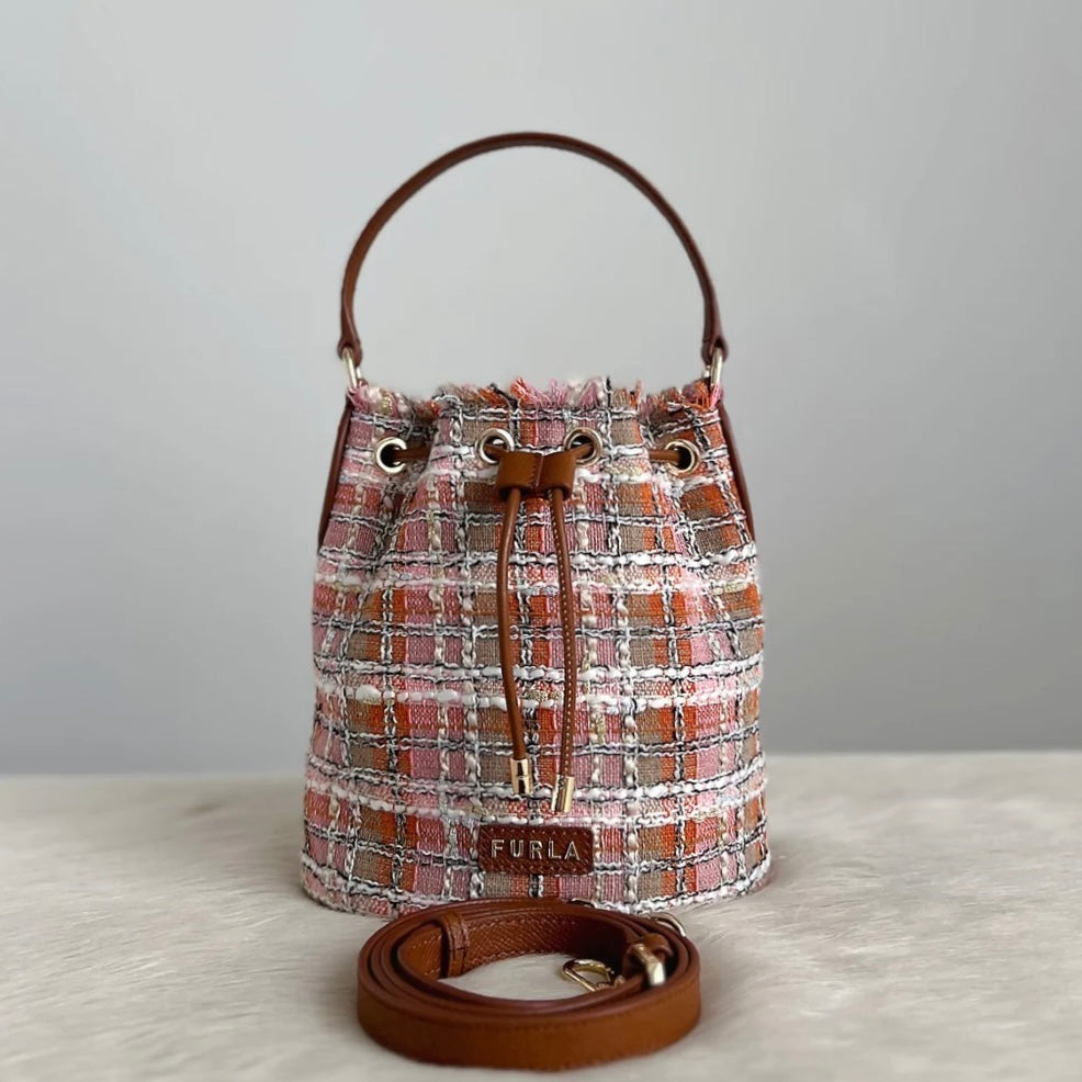 Furla Caramel Leather Drawstring Mini Bucket 2 Way Shoulder Bag Like New