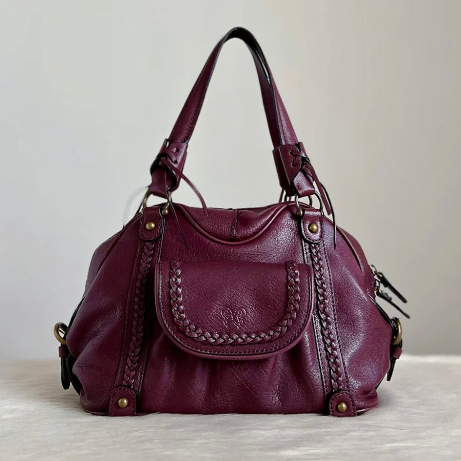 Anna Sui Burgundy Leather Pleated Detail Shoulder Bag Excellent