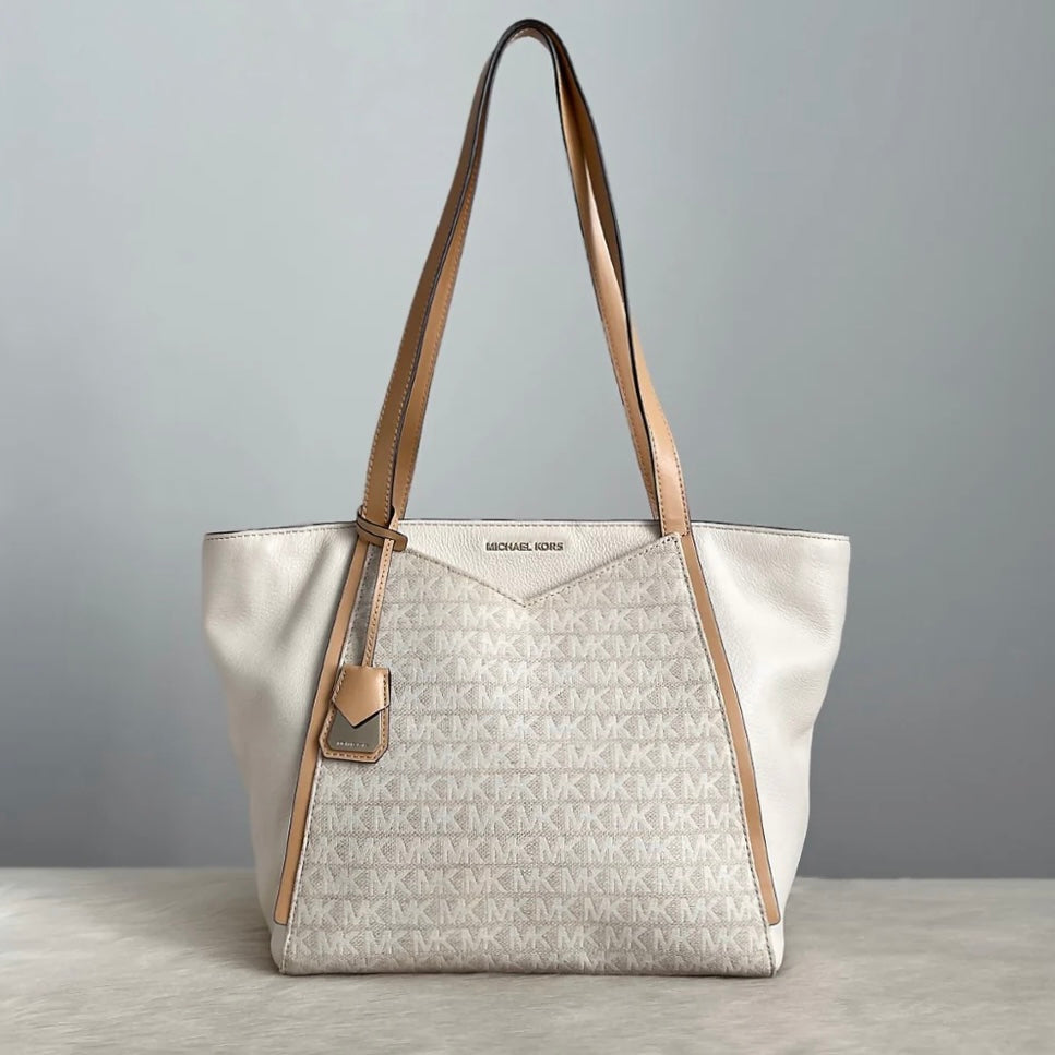 Michael Kors Two Tone Leather Monogram Carryall Shoulder Bag Excellent
