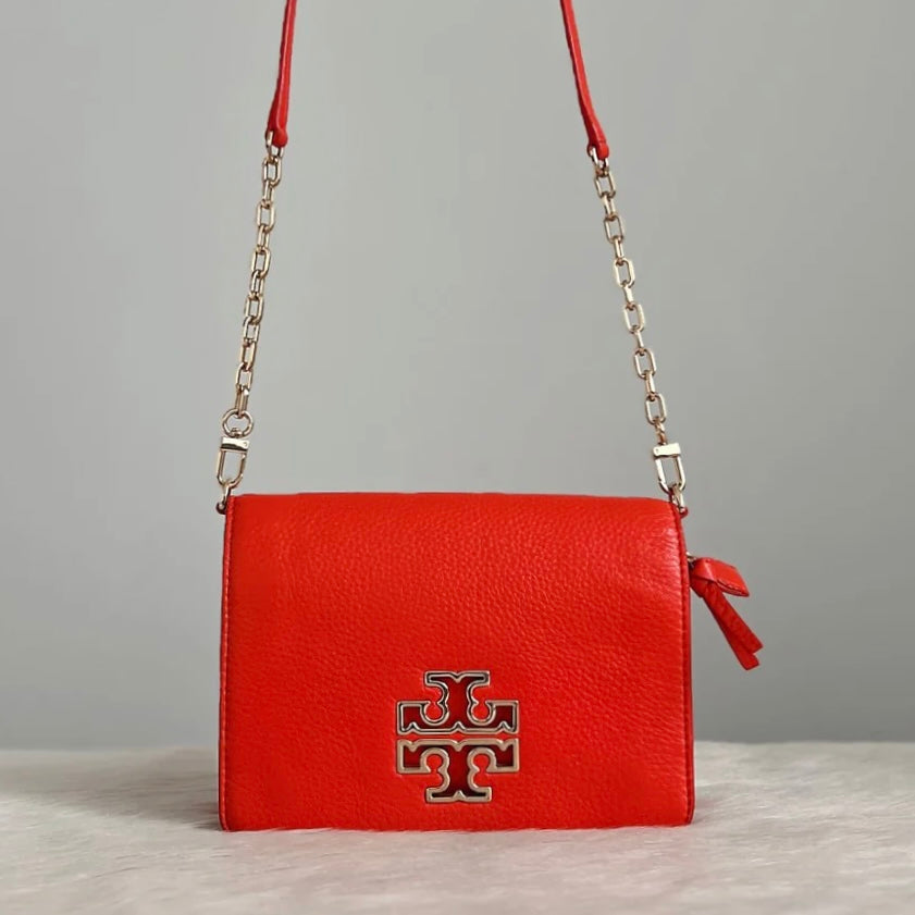 Tory Burch Orange Red Leather Front Logo Crossbody Shoulder Bag