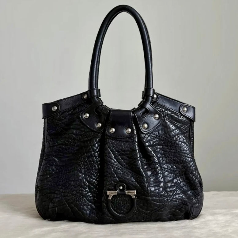 Salvatore Ferragamo Black Leather Studded Detail Shoulder Bag Excellent