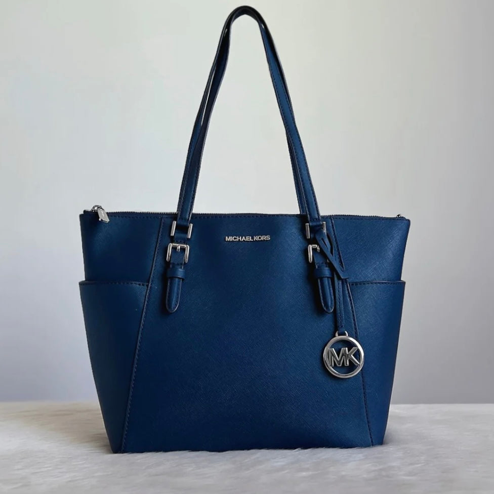 Michael Kors Navy Saffiano Leather Front Logo Carryall Shoulder Bag Excellent