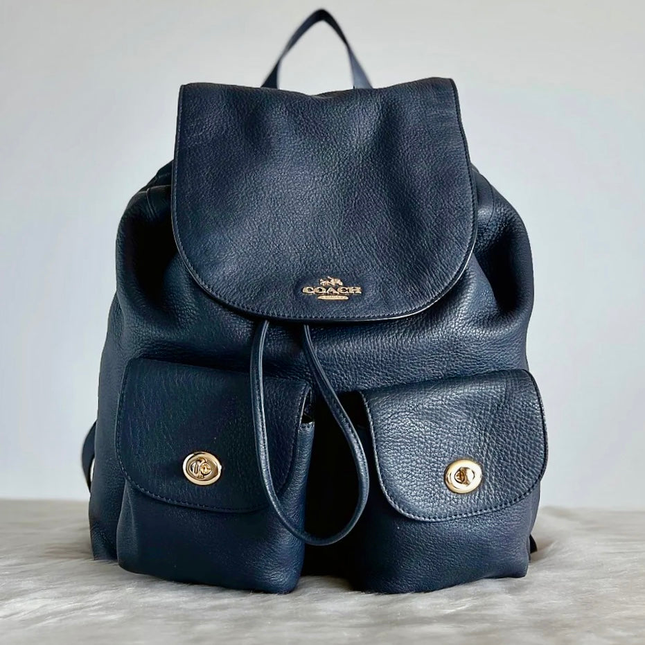 Coach Navy Leather Front Logo Drawstring Turn Lock Pocket Backpack Like New