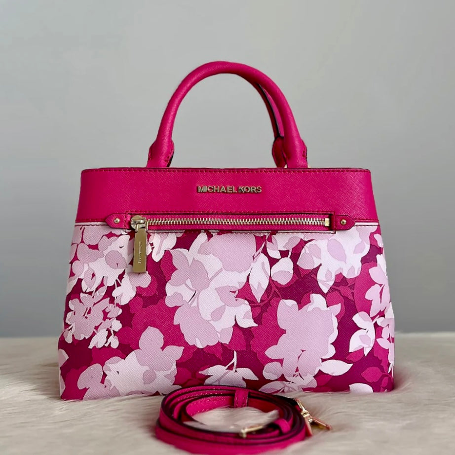 Michael Kors Fuchsia Leather Floral Triple Compartment 2 Way Shoulder Bag Like New
