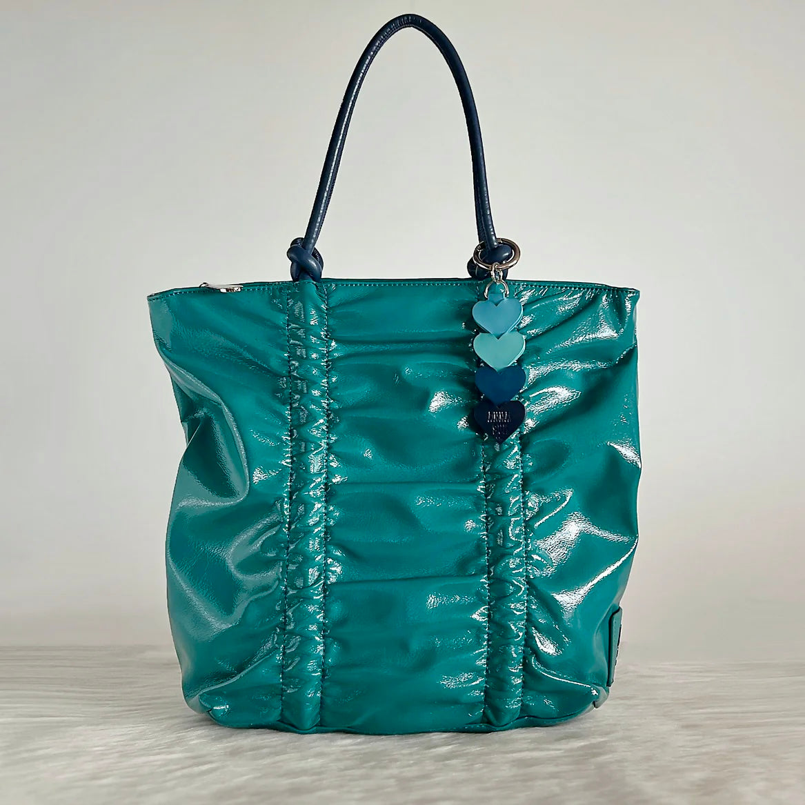 Anna Sui Patent Teal Leather Triple Compartment Shopper Shoulder Bag Like New
