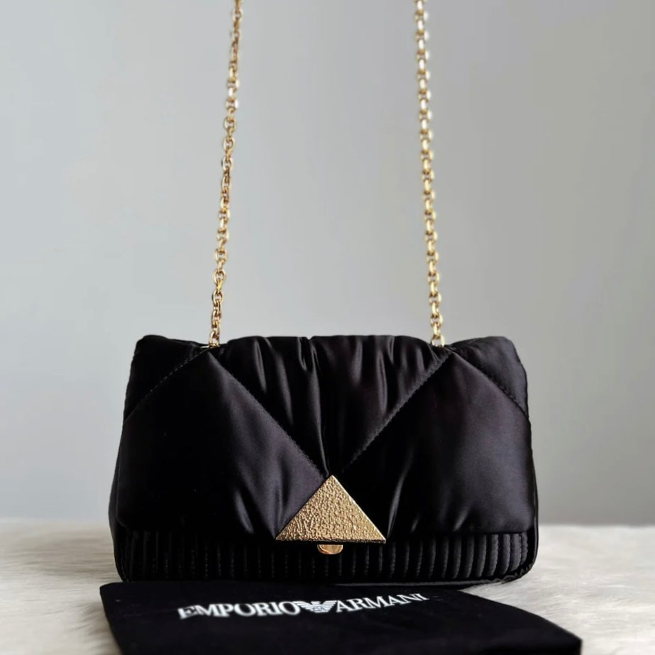 Emporio Armani Black Satin Front Detail Chain Crossbody Shoulder Bag Like New