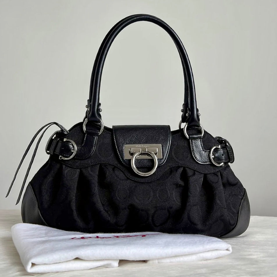 Salvatore Ferragamo Black Leather Monogram Drawstring Shoulder Bag Like New
