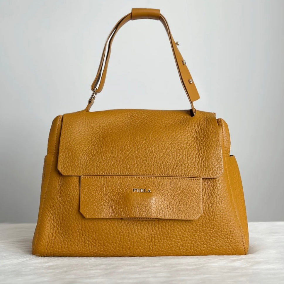Furla Mustard Leather Front Buckle Shoulder Bag Excellent