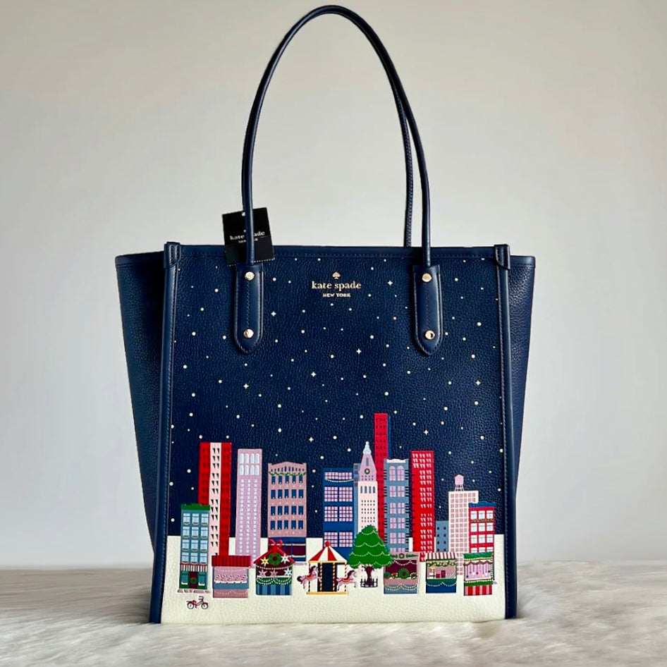 Kate Spade Navy Leather Christmas Holiday Book Tote Shoulder Bag New with Tags