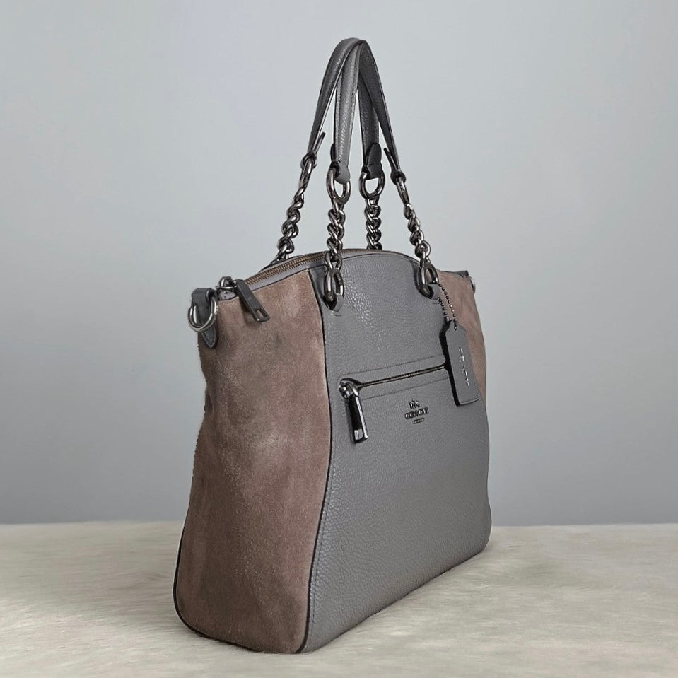 Coach Grey Leather Sude Patchwork Front Logo 2 Way Shoulder Bag Excellent