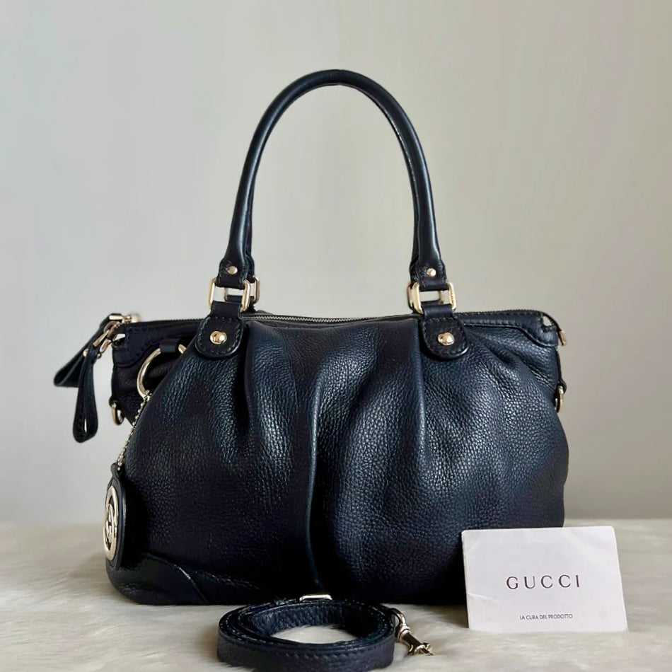 Gucci Black Leather Signature Double G Charm 2 Way Shoulder Bag Excellent