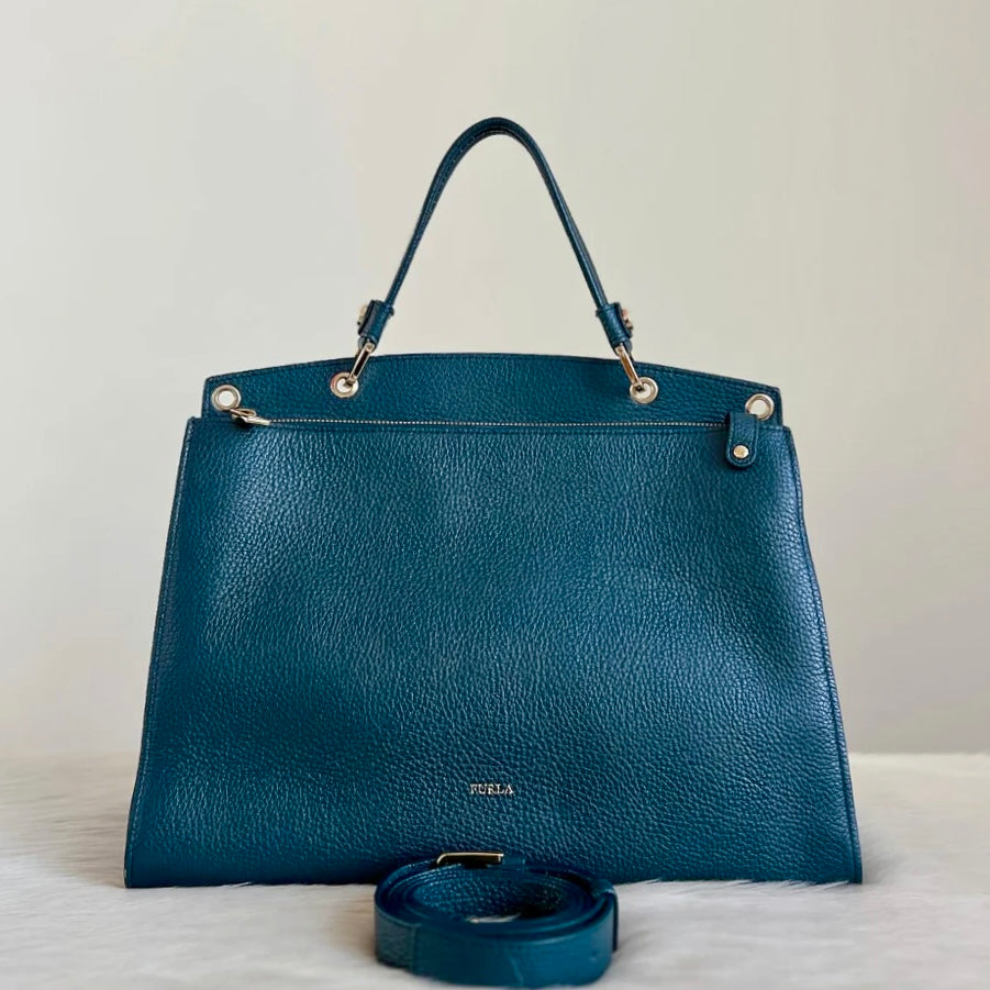 Furla Dark Teal Leather Double Compartment 2 Way Shoulder Bag Like New