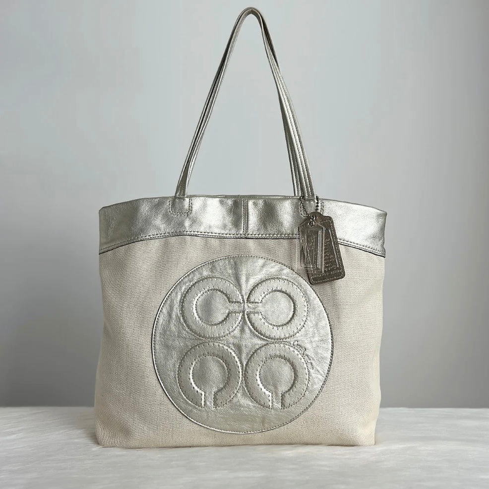 Coach Light Gold Leather Front Patch Carryall Shoulder Bag