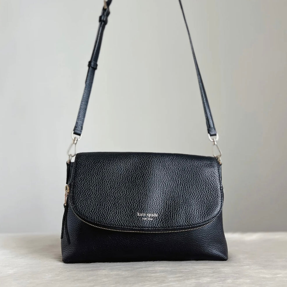 Kate Spade Black Leather Zipped Flap Front Logo Crossbody Shoulder Bag Like New