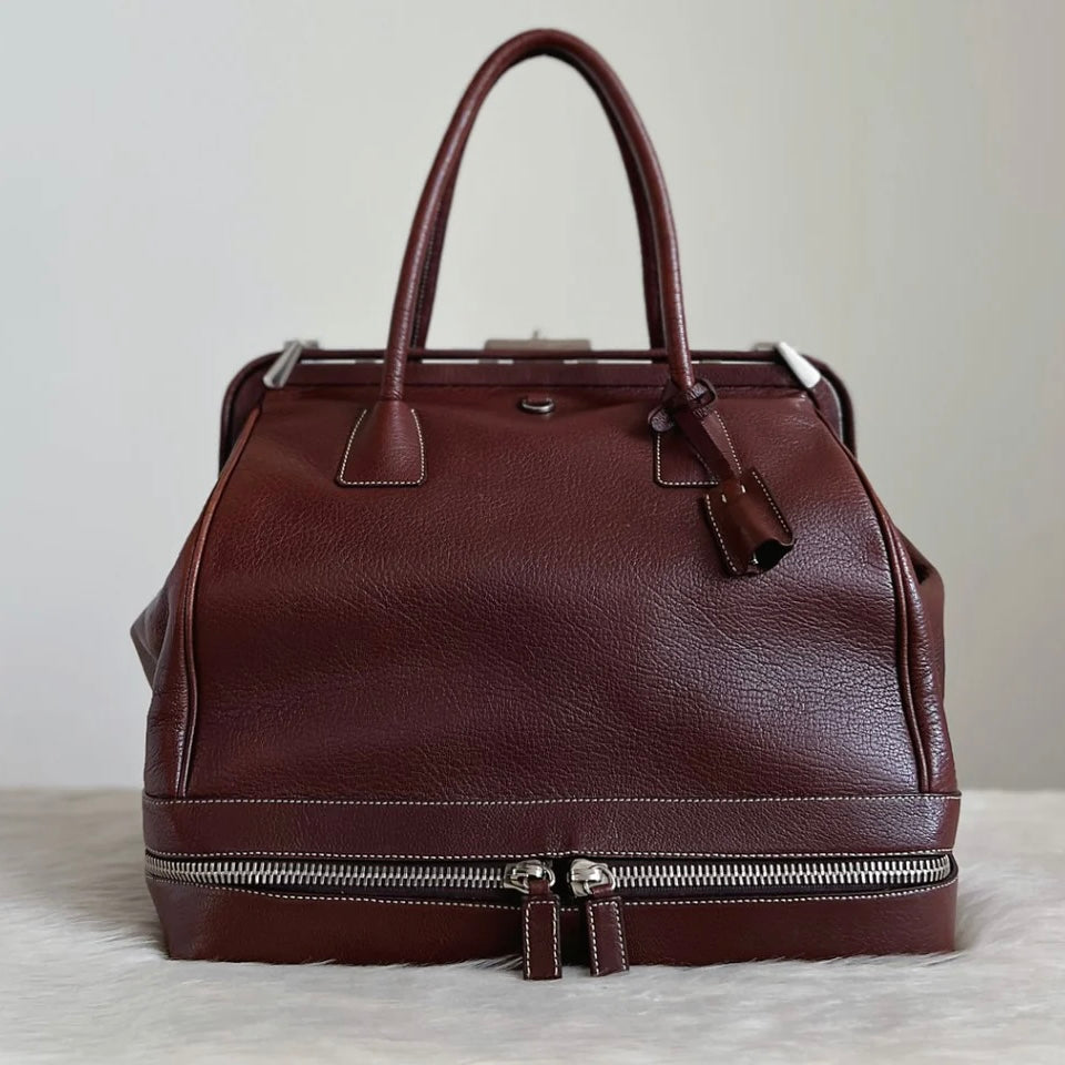 Prada Brown Leather Front Zip Detail Large Doctor Tote Bag