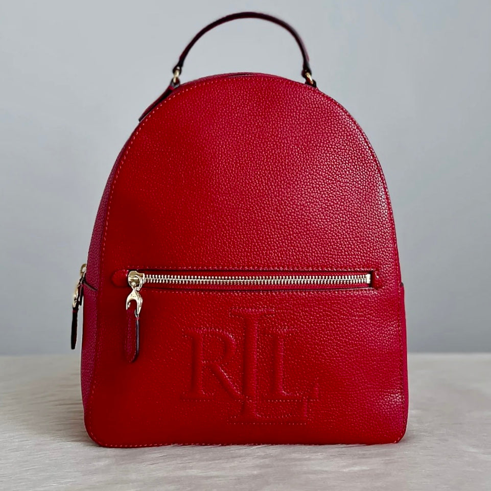 Ralph Lauren Red Leather Front Embossed Logo Backpack Excellent