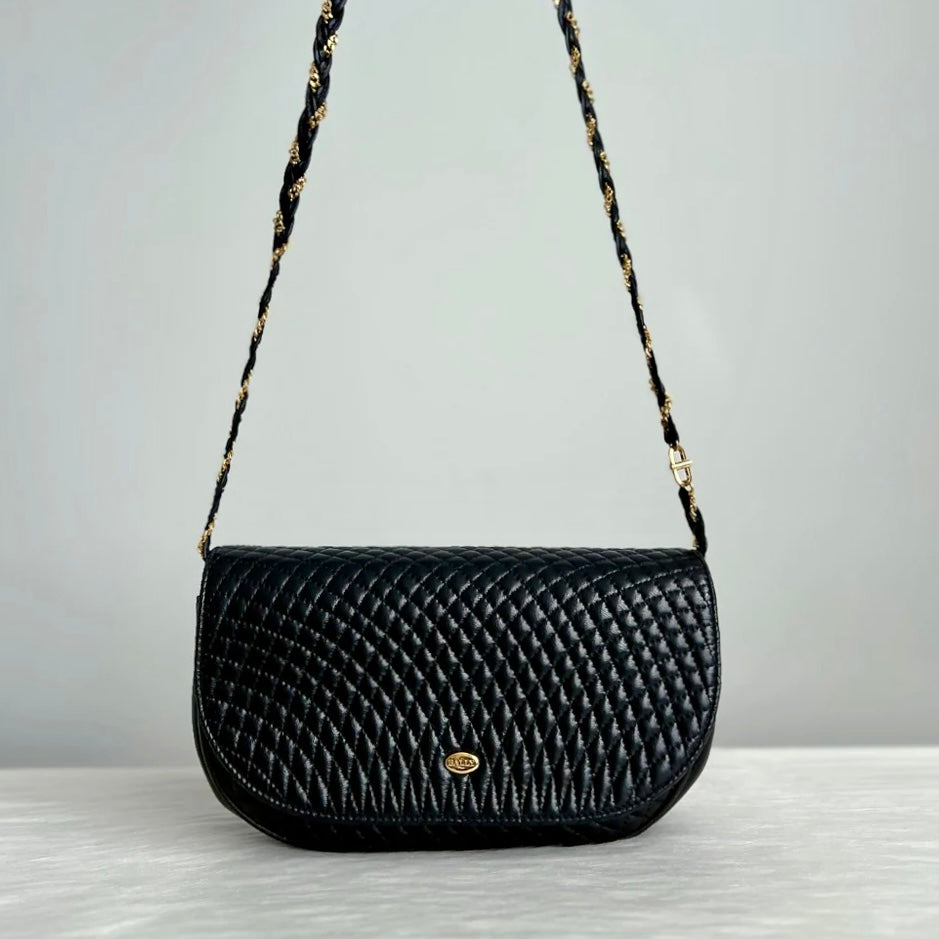 Bally Black Leather Quilited Front Logo Crossbody Shoulder Bag Excellent