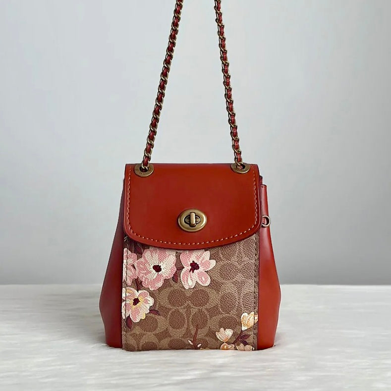 Coach Cinnamon Leather Floral Monogram Chain Backpack Like New