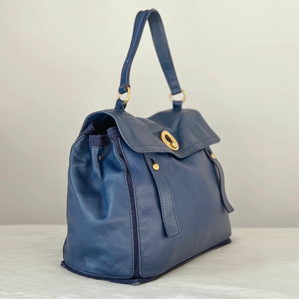 Yves Saint Laurent YSL Navy Leather Muse Two Tote Bag Excellent