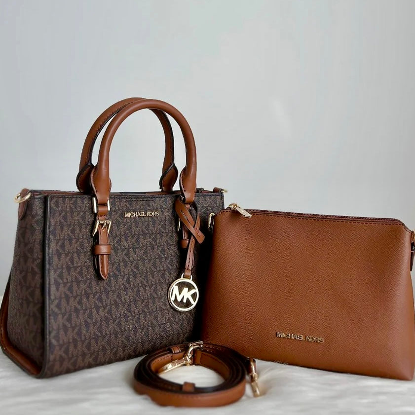 Michael Kors Caramel Leather Monogram 2 Way Shoulder Bag 2-in-1 Like New