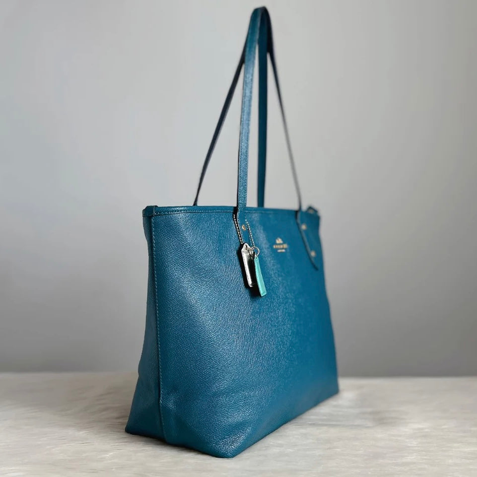 Coach Teal Leather Front Logo Carryall Shoulder Bag