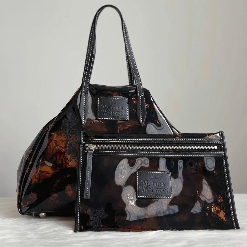 Vivienne Westwood Black Leather Vinyl Holiday Tote Bag + Pouch Excellent