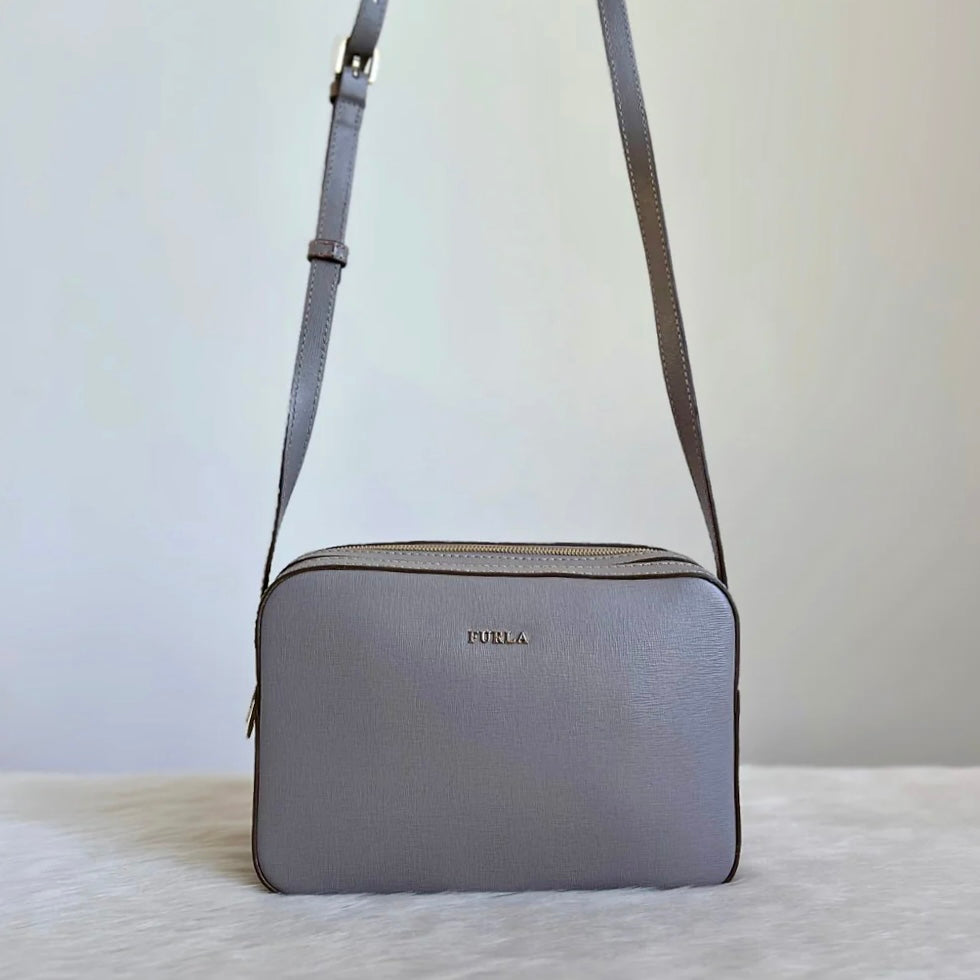 Furla Grey Leather Double Compartment Crossbody Shoulder Bag Excellent