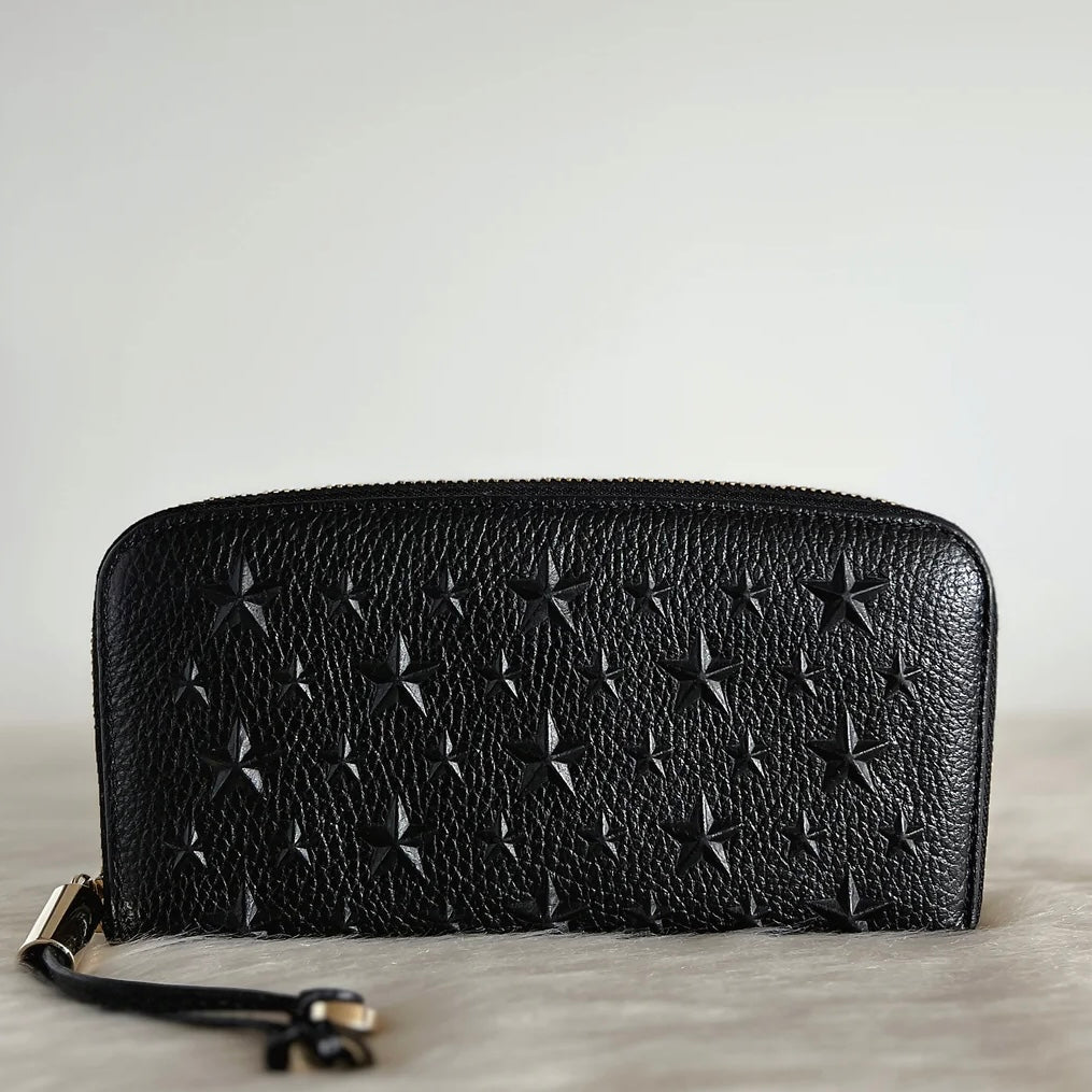 Jimmy Choo Black Leather Star Studs Zip Compartment Long Wallet Like New