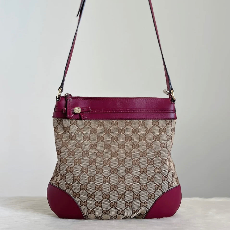 Gucci Maroon Leather GG Monogram Bow Detail Crossbody Shoulder Bag Excellent