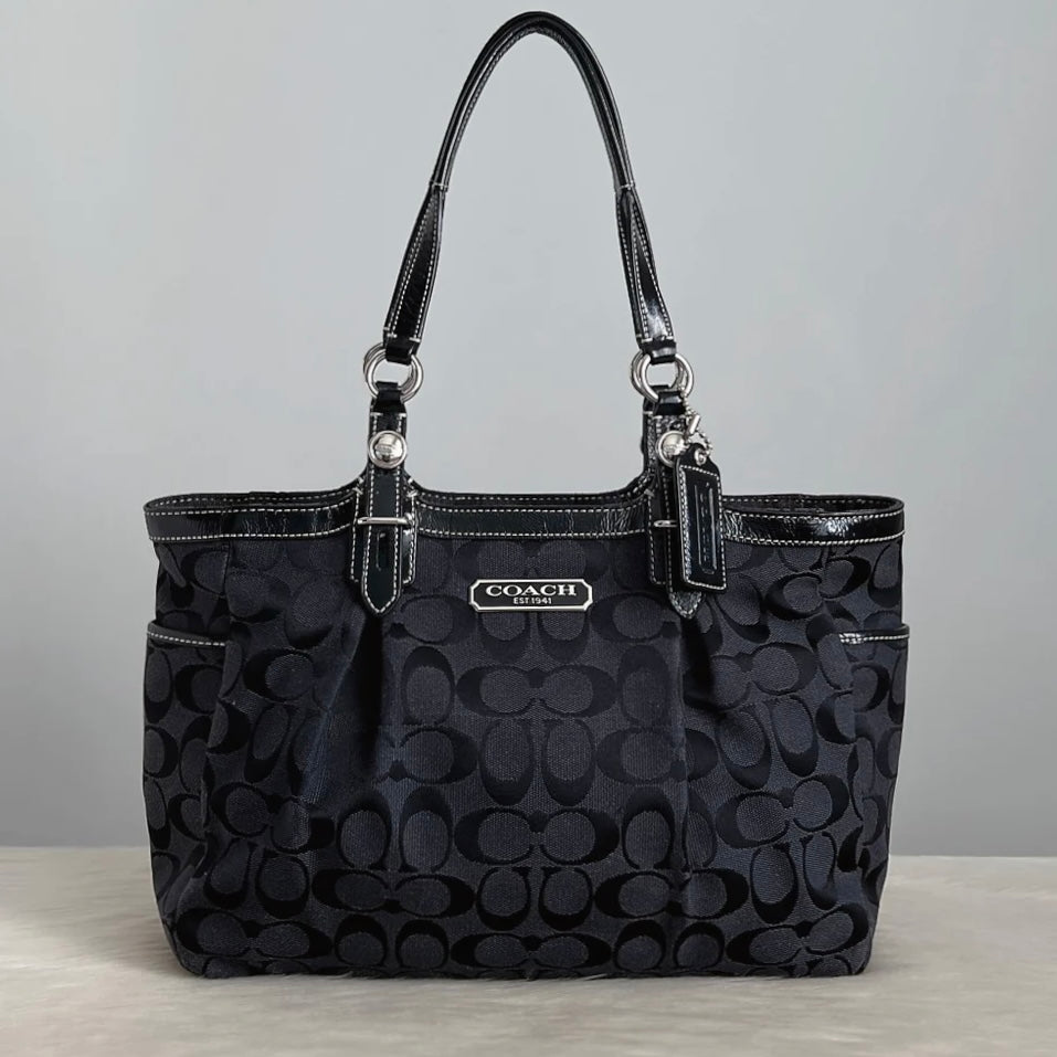 Coach Patent Black Leather Monogram Carryall Shoulder Bag Excellent
