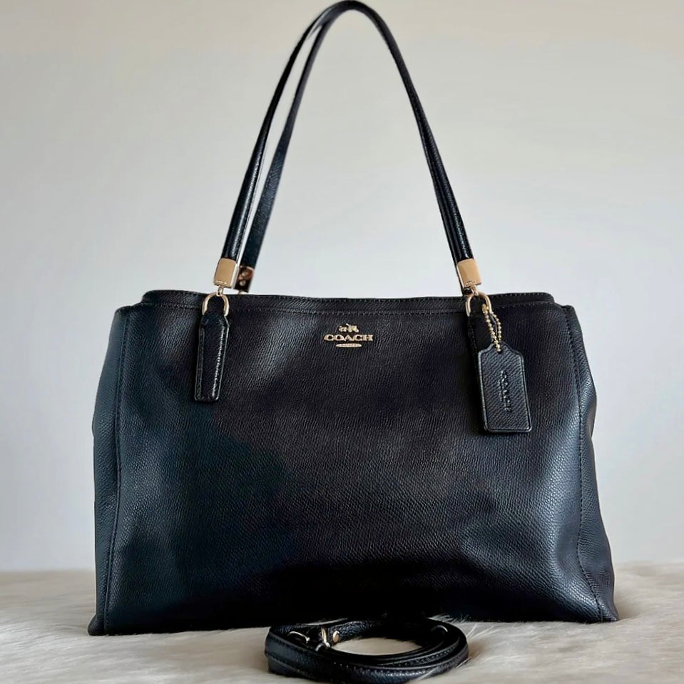 Coach Black Leather Front Logo Triple Compartment 2 Way Shoulder Bag Like New