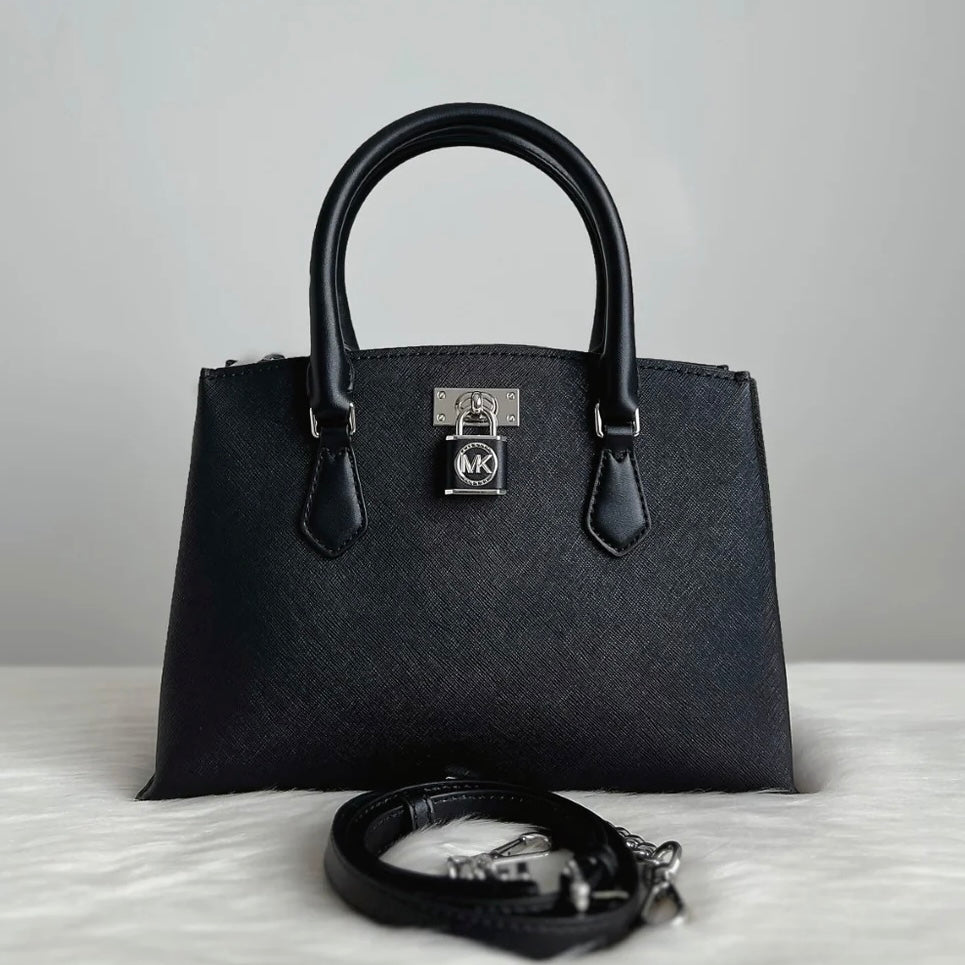 Michael Kors Black Leather Padlock Triple Compartment 2 Way Shoulder Bag Like New