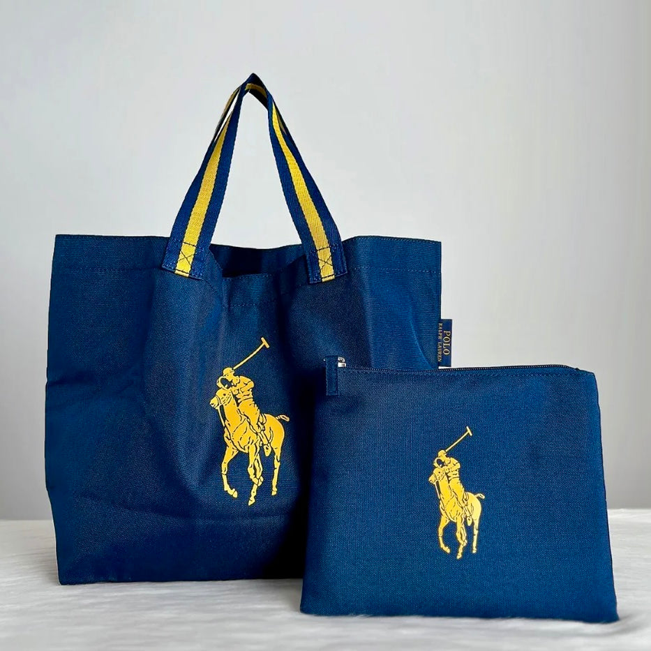 Ralph Lauren Signature Logo Navy Tote Bag + Pouch Excellent