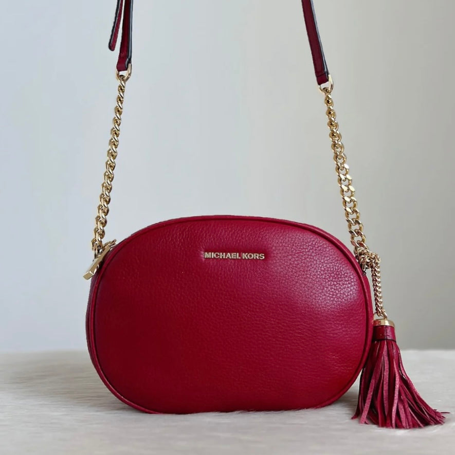 Michael Kors Maroon Leather Tassell Detail Crossbody Shoulder Bag