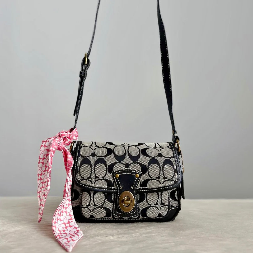 Coach Black Leather Monogram Scarf Detail Crossbody Shoulder Bag Excellent