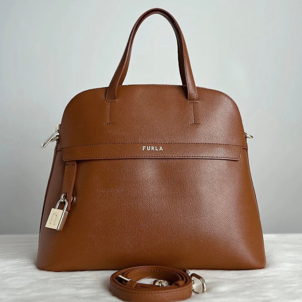 Furla Caramel Leather Front Logo Padlock Charm 2 Way Shoulder Bag Like New