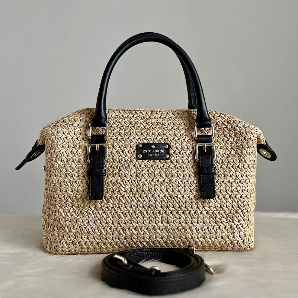 Kate Spade Black Leather Straw Boston 2 Way Shoulder Bag Excellent