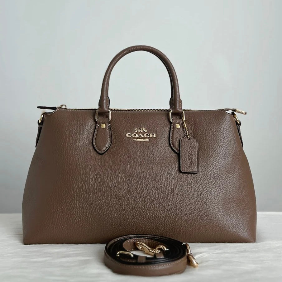 Coach Mocha Leather Front Logo Career 2 Way Shoulder Bag Like New