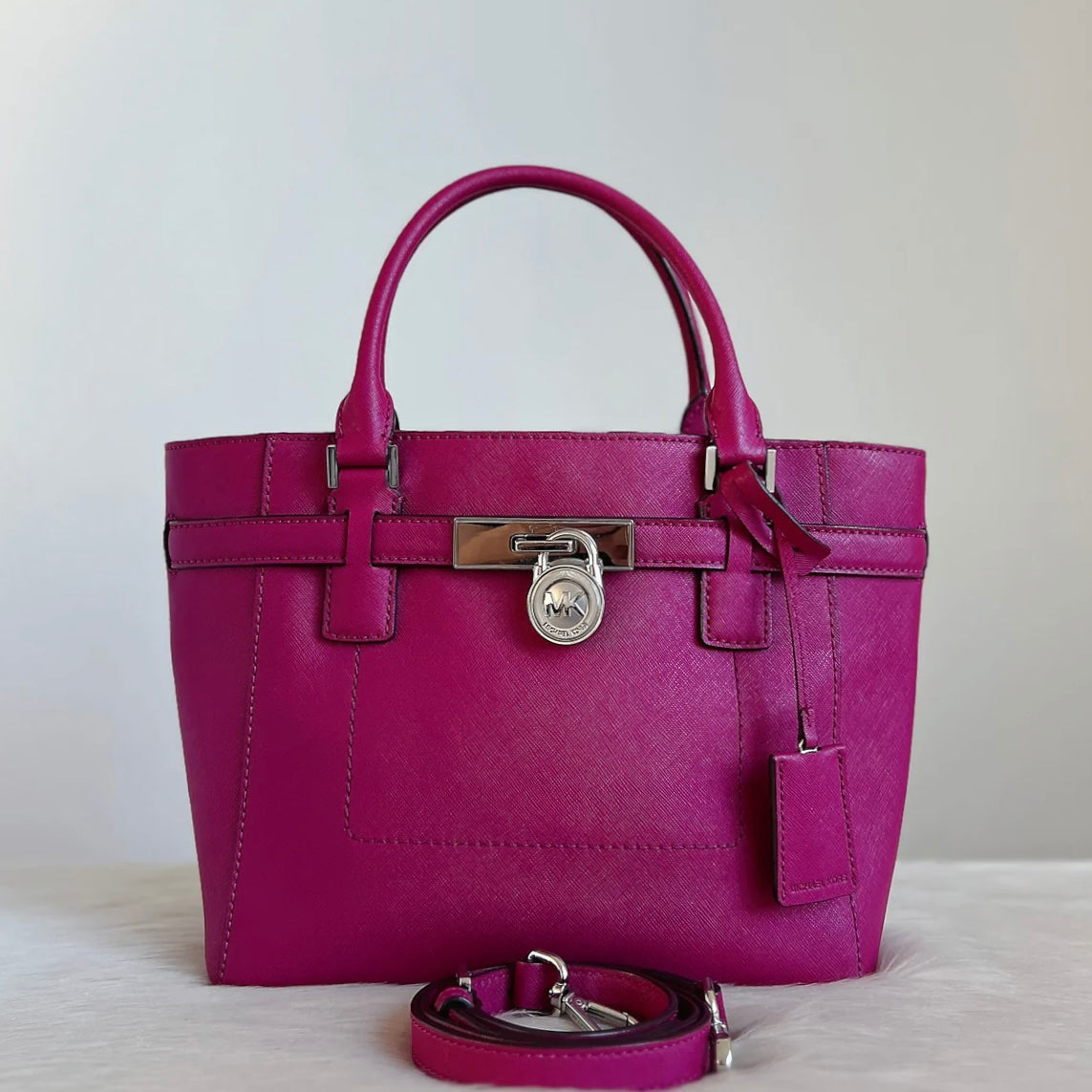 Michael Kors Fuchsia Leather Padlock Triple Compartment 2 Way Shoulder Bag