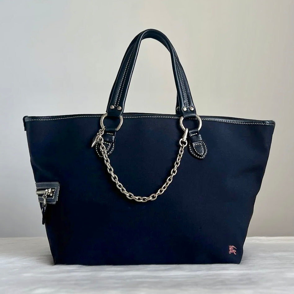 Burberry Black Leather Trim Chain Detail Triple Compartment Shoulder Bag Excellent