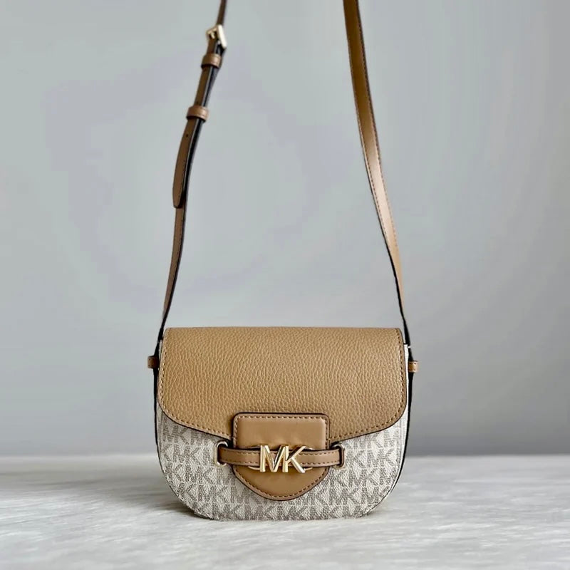 Michael Kors Mocha Leather Monogram Front Logo Crossbody Shoulder Bag Like New